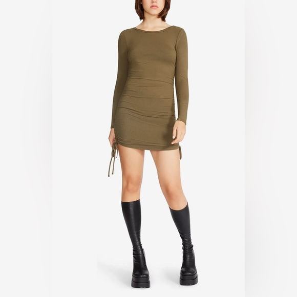 Steve Madden Dresses & Skirts - NEW STEVE MADDEN Long Sleeve side rouch Rib Knit Mini Dress in Olive